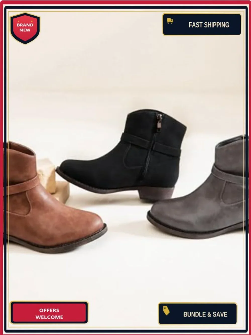 Women's Western Ankle Boots Low Chunky Heel Faux Leather Zipper Side